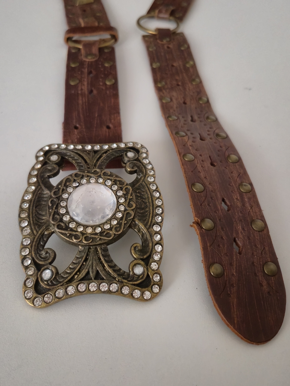 River Island Brown Leather Belt with Ornate Crystal-Studded Buckle